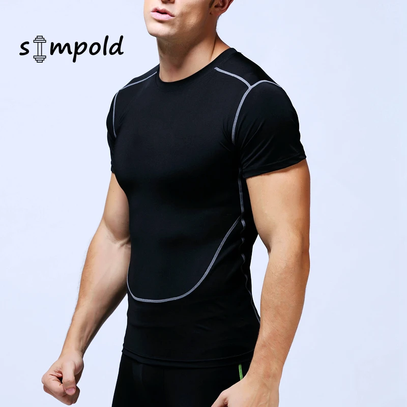 SIMPOLD бренд Фитнес футболка для Для мужчин стрейч сжатия с О образным вырезом коротким рукавом Бодибилдинг