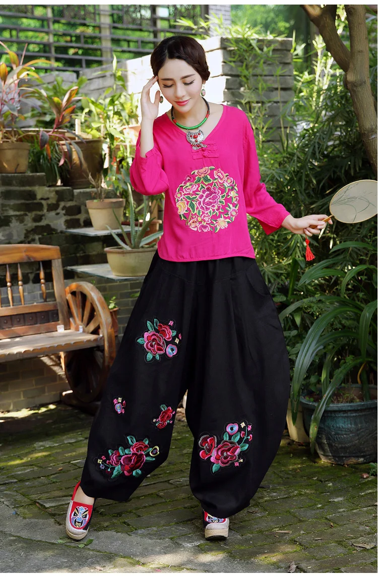 KYQIAO винтажные широкие брюки pantalones mujer женские зимние весенние Длинные розовые красные черные брюки с вышивкой pantalon femme