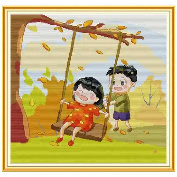 

Boy and girl swing cartoon counted printed on the canvas 11CT 14CT DIY kit Cross Stitch embroidery needlework Set home decor