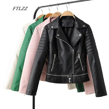 

FTLZZ Women Green Faux Soft Leather Pu Motorcycle Coats Female Hem Detachable Rivet Zipper Black Biker Short Jacket Outerwear