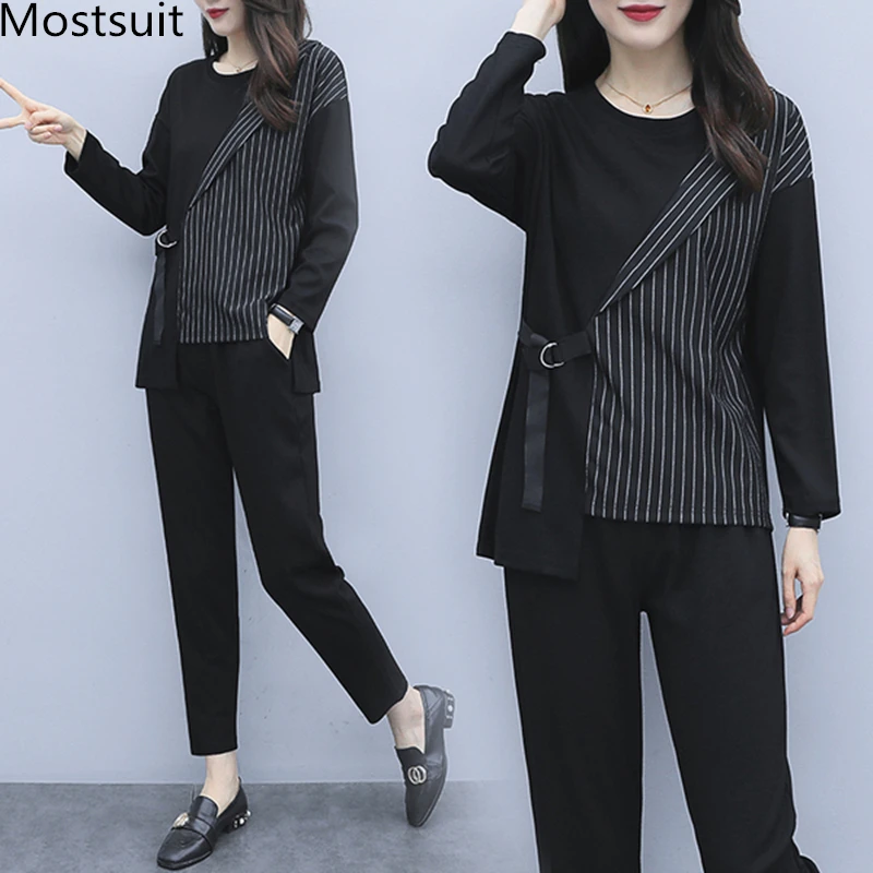 L-5xl осенние черные комплекты из двух предметов, наряды для женщин, большие размеры, полосатые сдельные топы и штаны, костюмы элегантные офисные повседневные комплекты