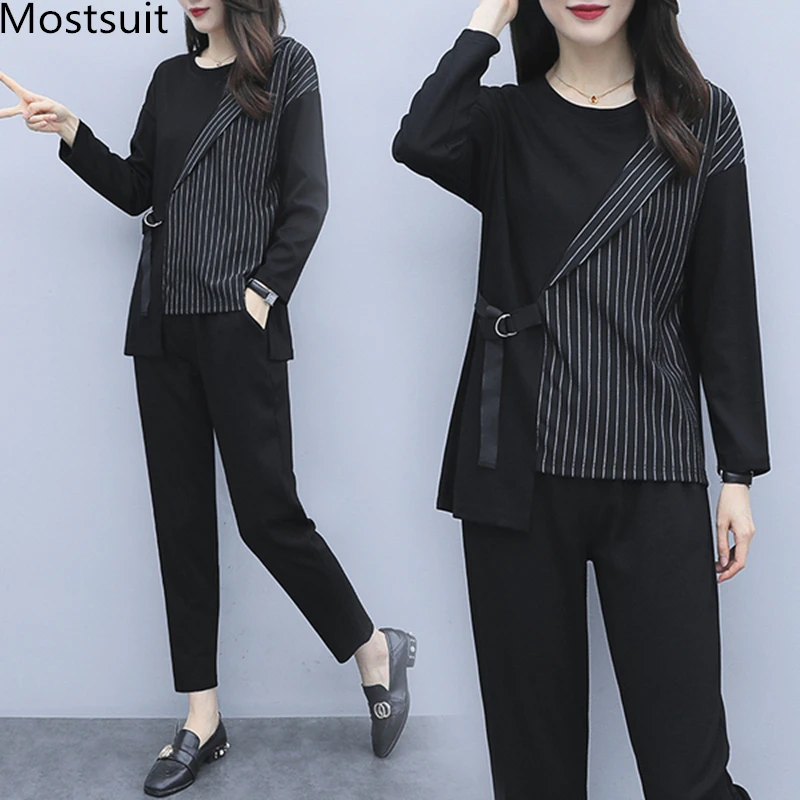 L-5xl 2019 Autum Black Two Piece Sets Outfits Women Plus Size Striped Splicing Tops And Pants Suits Elegant Office Casual Sets L-5xl 2019 Autum Black Two Piece Sets Outfits Women Plus Size Striped Splicing Tops And Pants Suits Elegant Office Casual Sets