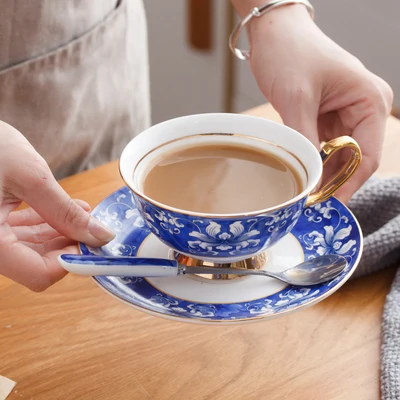 Blue And White Porcelain Coffee Cup Saucer European Small Luxury Phnom Penh Ceramic Set Afternoon Teacup Drinkware | Дом и сад