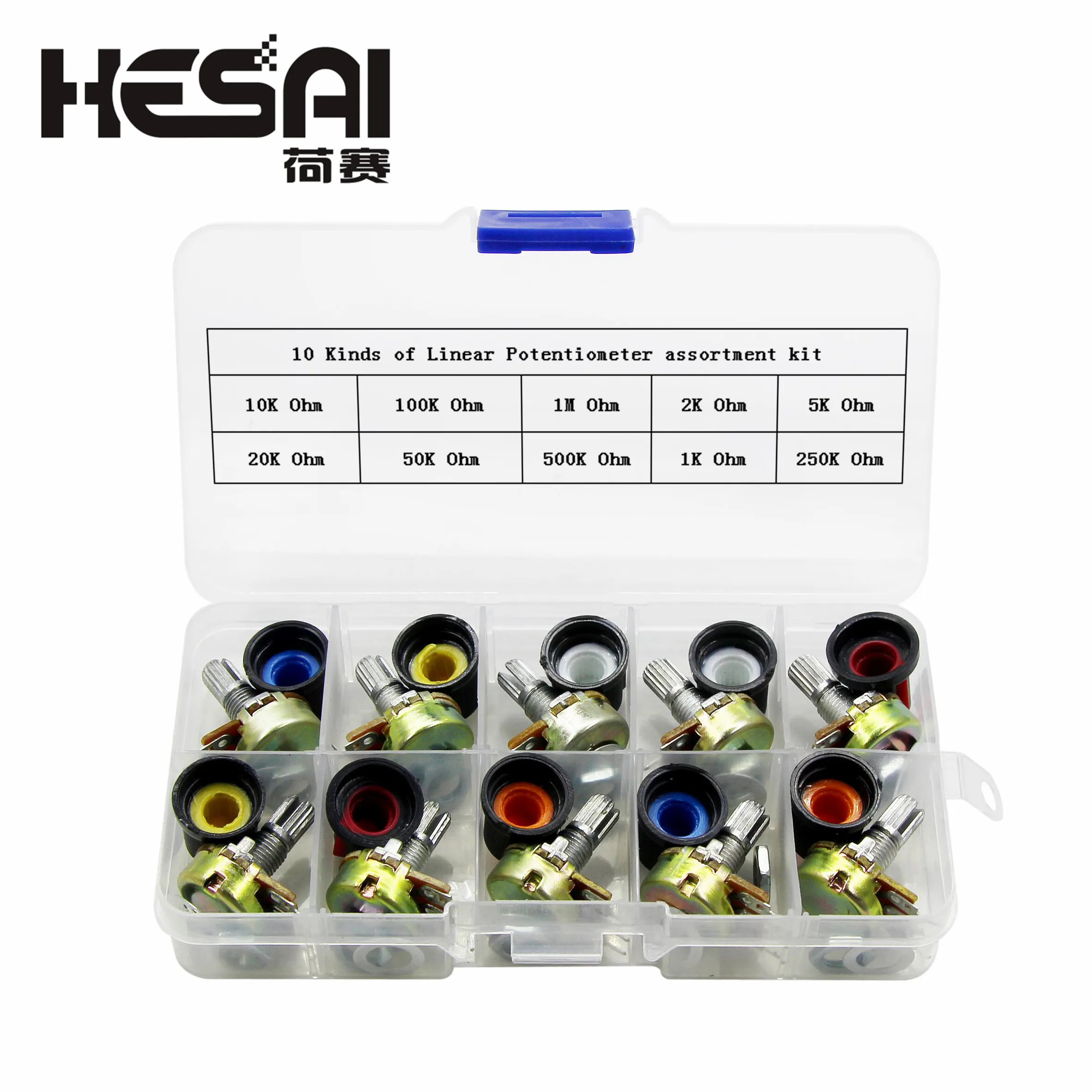 WH148 Potentiometer Kit B1K 2K 5K 10K 20K 50K 100K 500K 1M 15mm Linear Taper Rotary Potentiometer Resistor Set 3pin With Cap 5pcs wh148 15mm linear potentiometers 100k 1m ohm variable resistors shaft 3pins single turn rotary carbon film taper switches