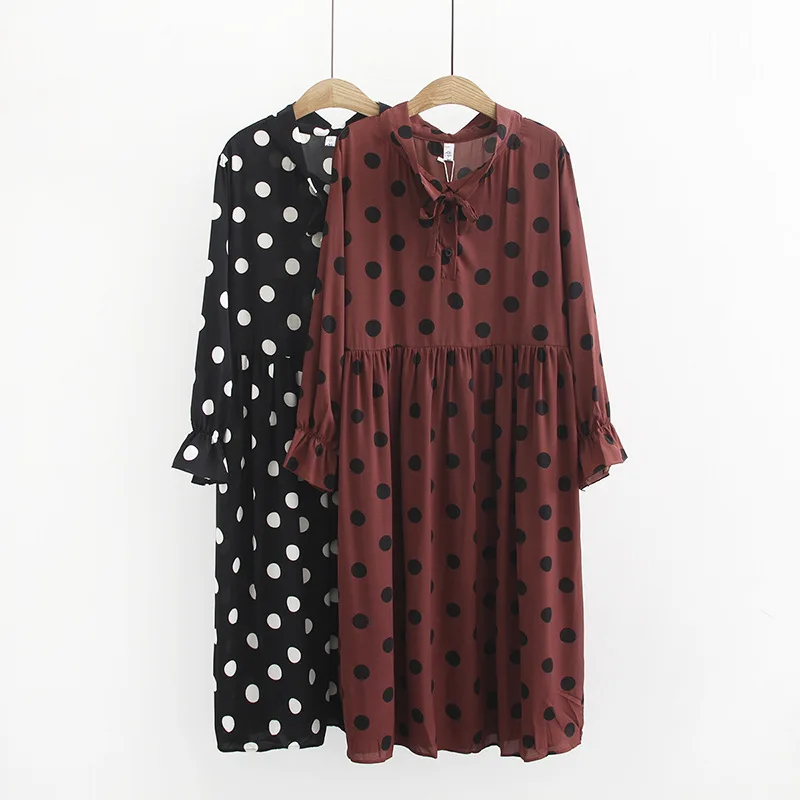 

2019 Spring And Summer New Style Large Size Dress Korean-style Fashion Fat Mm Casual Network Red Wave Point Bell Sleeve Lace-up