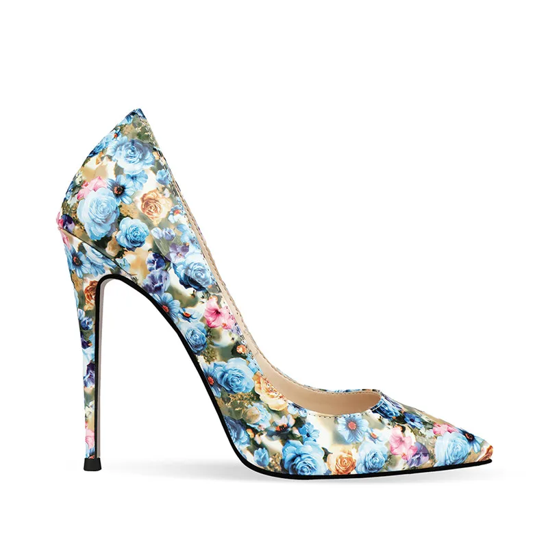 Printing Flower Women Pumps Shoes Patent Leather High Heels Shoes
