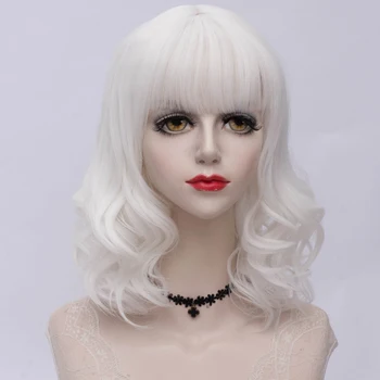 

CosplayMix 8 Colors 40CM Women Ombre Medium Curly Cosplay Wig With Bangs Synthetic Pink White Hair Heat Resistant +Cap