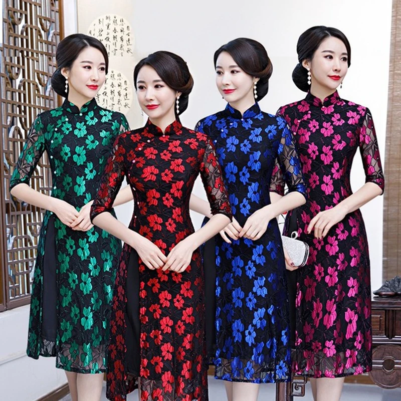 Китайское традиционное ежедневное улучшение ретро темперамент женское Aoqi cheongsam новое место элегантное тонкое повседневное кружевное платье cheongsam