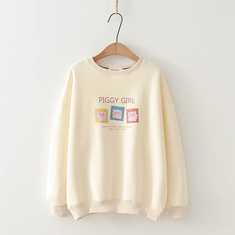 

Hipster Simple Childlike Cute Three Little Pigs Printed Alphabet plus Velvet Pullover Hoody 19 Autumn And Winter New Style Women