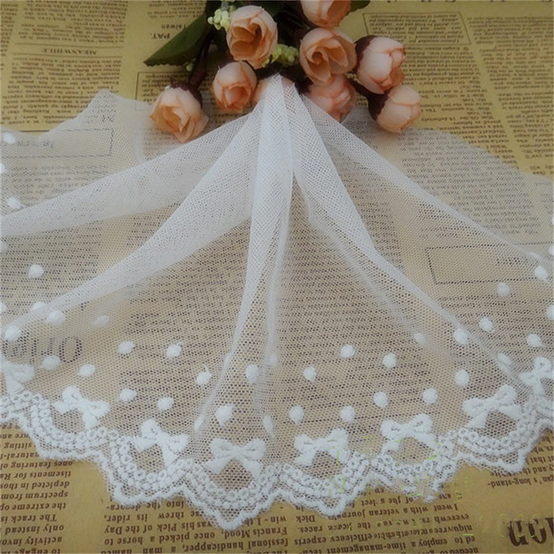 

7CM Wide Off White Soft Mesh Net Cotton Embroidery Lace Trimmings Dots Bow DIY Sewing Skrit Accessories African Trim For Sewing