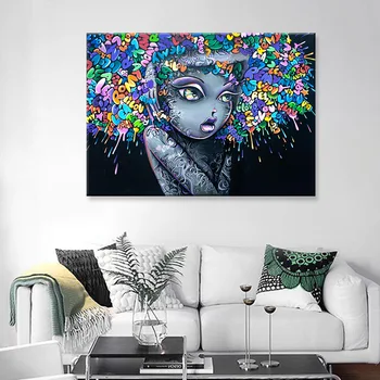 

Graffiti Wall Art Canvas Painting Blue Fairy Abstract Poster Painting Canvas Prints Wall Pictures for Living Room Home Decor Art