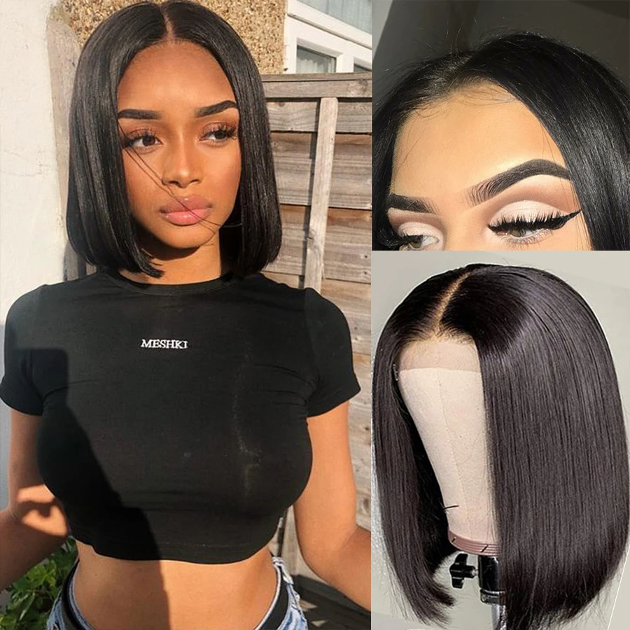 Fashion Lady Lace Front Short Bob Wigs 150% Brazilian Remy Hair Can Dyed Lace Front Human Hair Wigs Pre-Plucked Bleached Knots