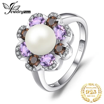 

JewelryPalace 7mm Cultured Pearl 1ct Genuine Smoky Quartz Amethyst Cluster Rings 925 Sterling Silver Fine Jewelry For Women Gift