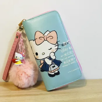 

Helloo Kitty Cute Wallet PU Leather Wallet Women Purse with Pendant Kitty Cat Handbag Cards Storage Bags KT Organizer Wallets