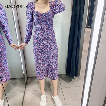 

BIAORUINA Women's Retro Drawstring Back Hollow Out Floral Print Long Dress Female Elegant Folds High Waist Fashion Dress Vestido