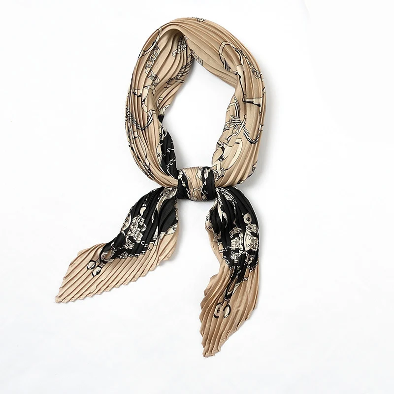 

Luxury Brand Small Square Pleated Silk Scarf Stripe Women Wrap Handkerchief Bandanas Accessories Foulard Femme Holiday