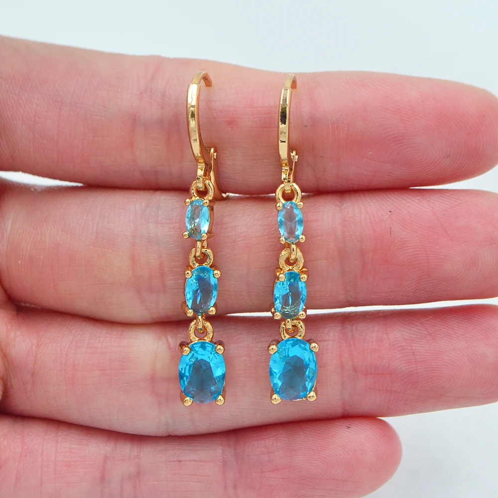 Fashion Gold Color Aqua Blue Cubic Zirconia Water Drop Dangle Earrings for Women