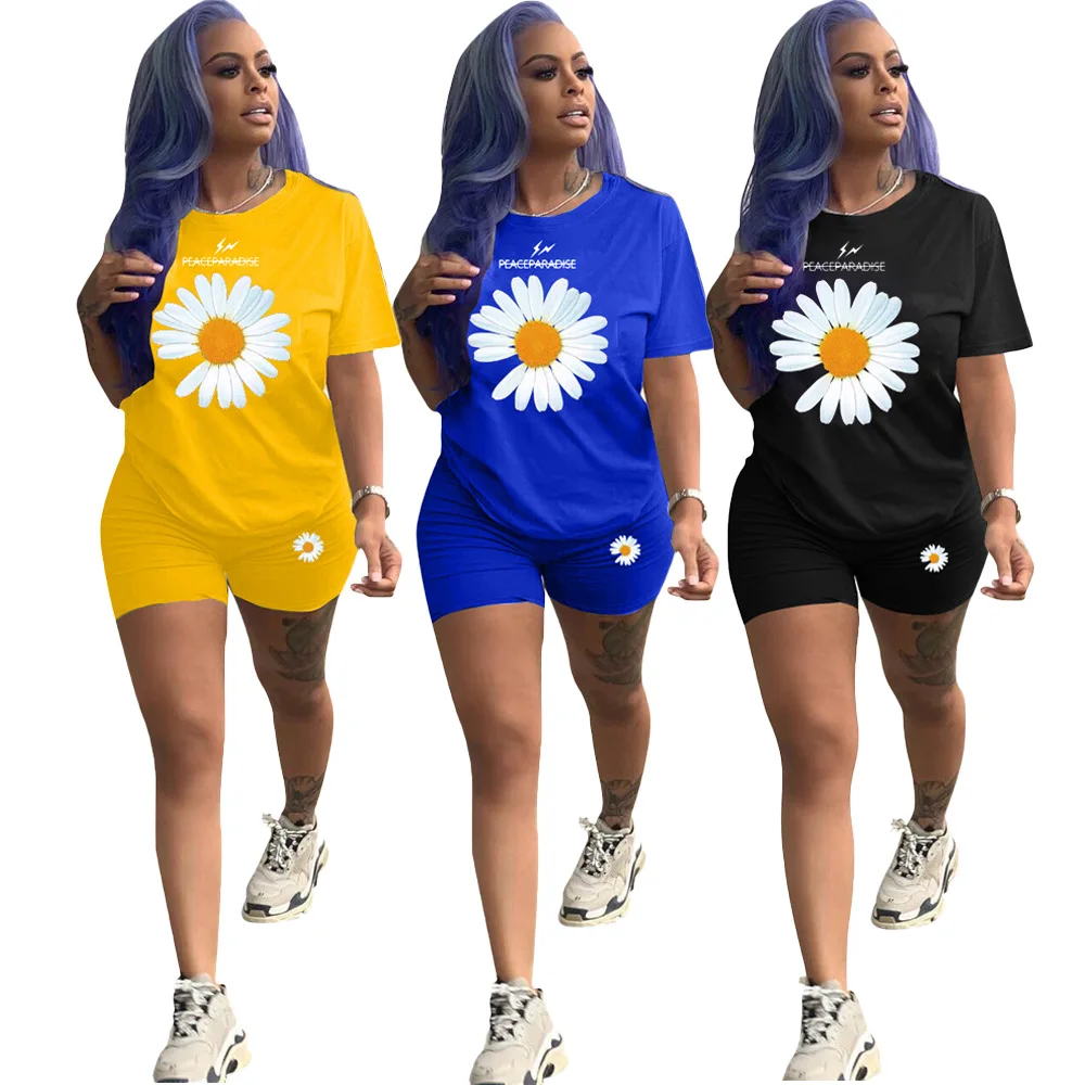 

Womens 2 Piece Outfit Set Daisy Print Two Piece Set Short Sets for Women Ladies Femme 2020 Floral Summer Clother Matching Set