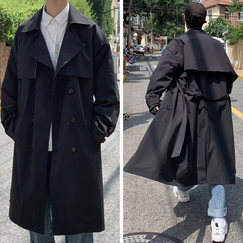

Autumn Korean Windbreaker Men's Fashion Solid Color Casual Long Coat Men Streetwear Loose Double Breasted Trench Mens Jacket