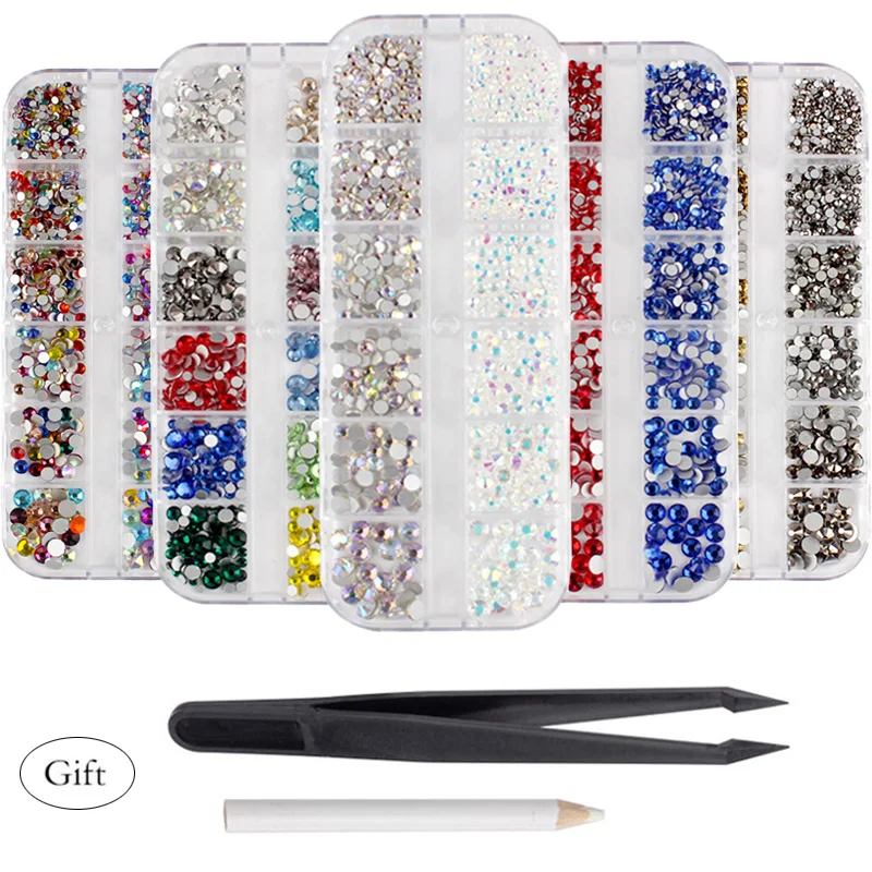 

2 color 12 Grid/box set of AB crystal flat back nail rhinestone diamond gem 3D glitter nail art decoration