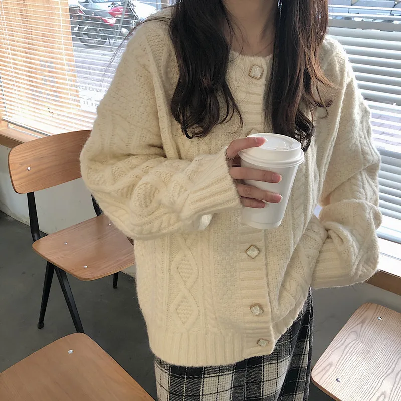 

Vintage Thick O-neck Women Twisted Sweater Autumn Winter Warm Loose Striped Open Stitch Knitted Cardigans Femme 2020 JK520