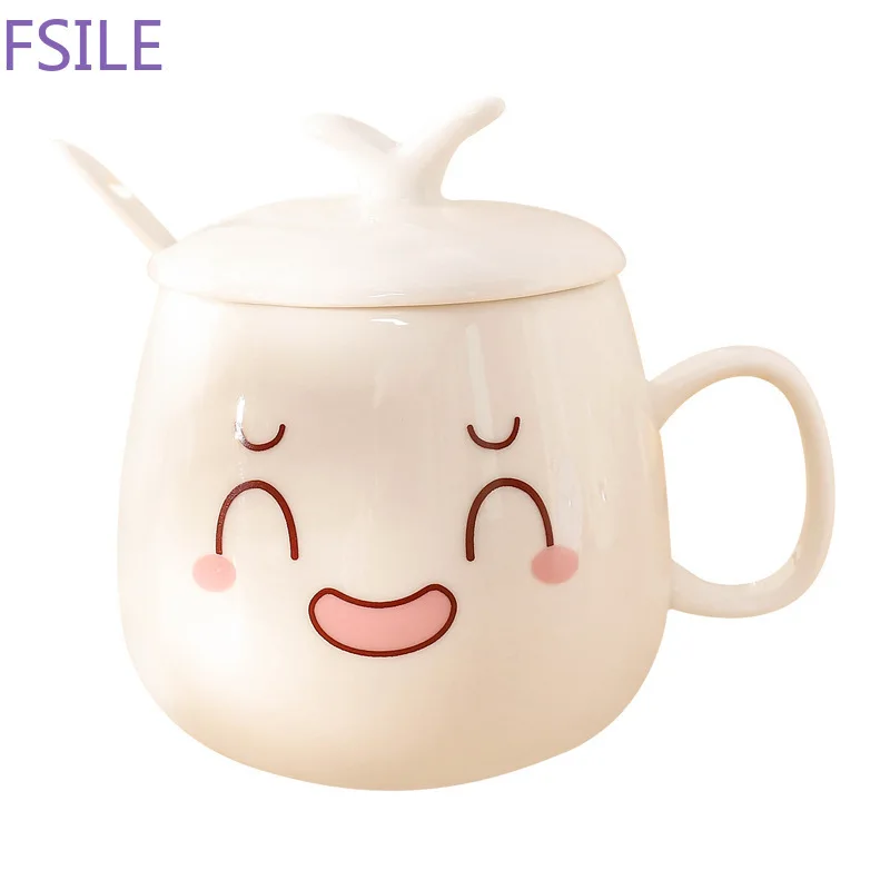 320ml Cute Cartoon Expression Ceramic with Lid with Spoon Coffee Mug Creative Drink Coffee Cup Tea Cup Novelty Milk Cup