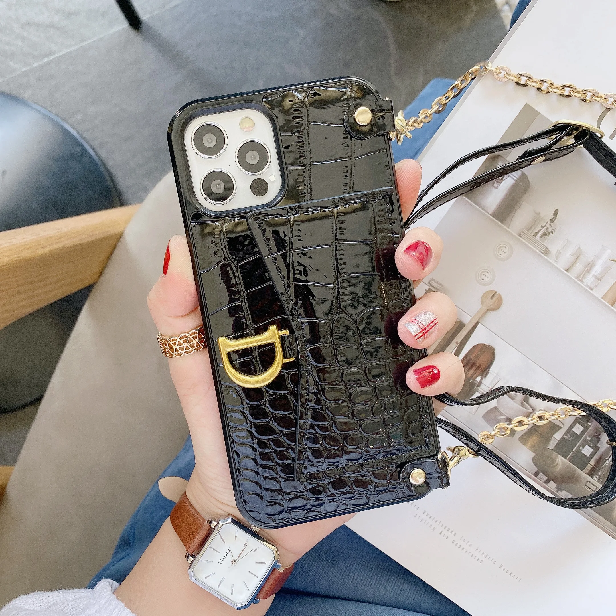 for iPhone 11 Pro Max Case for Women Crocodile PU Leather Cover with Long  Chain Card Holder Shoulder Bag