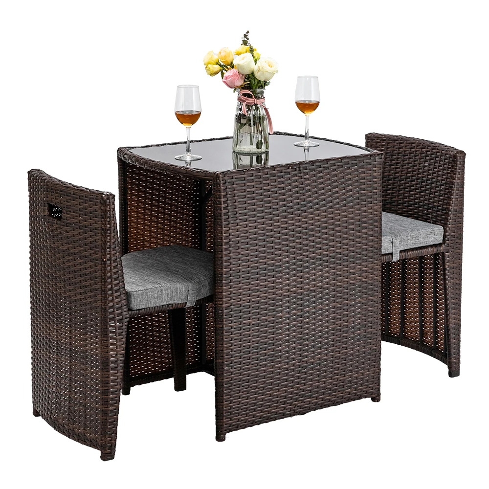 Us Warehouse】 3 Rotan Rieten Bistro Set Met Glas Top Tafel 2 Stoelen Ruimtebesparend Ontwerp Bruin (Outdoor rotan Sofa)|Tuinbank| -