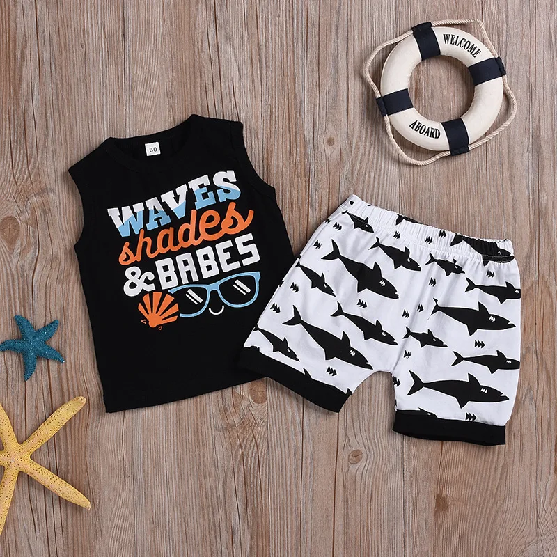 

Summer 2020 new boy suit European and American text printing Two-piece set Children's round neck Summer shorts sleeveless vest