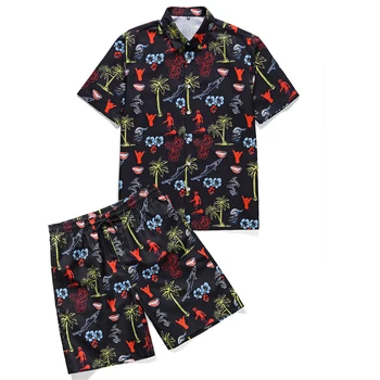 

Coconut Tree Printed Beach Pants Suit Straight Double Layer Casual T Shirt Trendy Shorts Sleeve Men Fashion Men Shirt