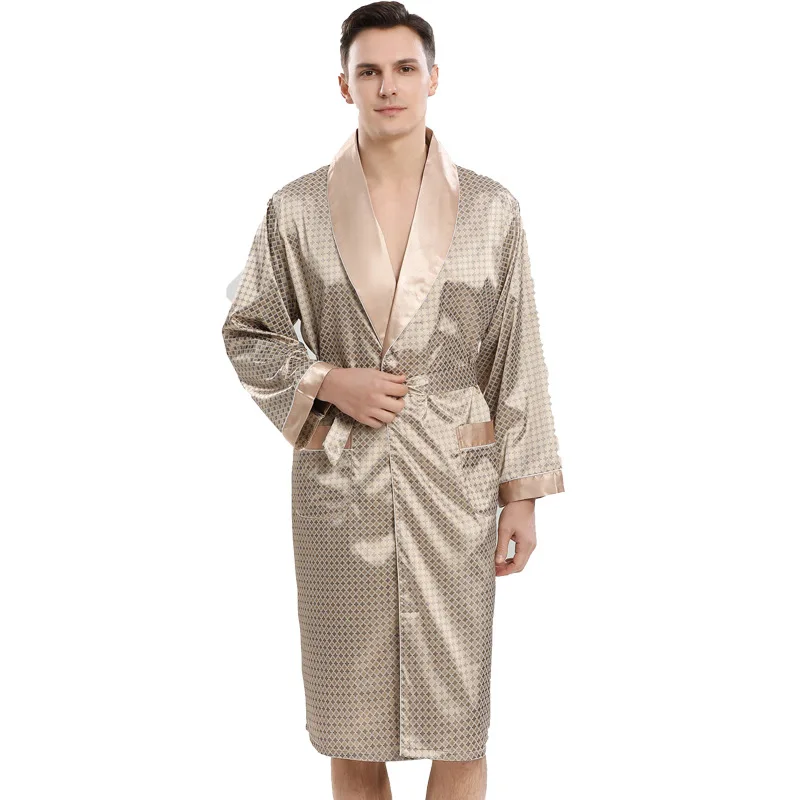 

New Arrivals Men Robe Silk Bathrobe Soft Cozy Long Sleeve Nightgown One-Piece Kimono Men Bath Gown Printed Robes Home Sleepwear