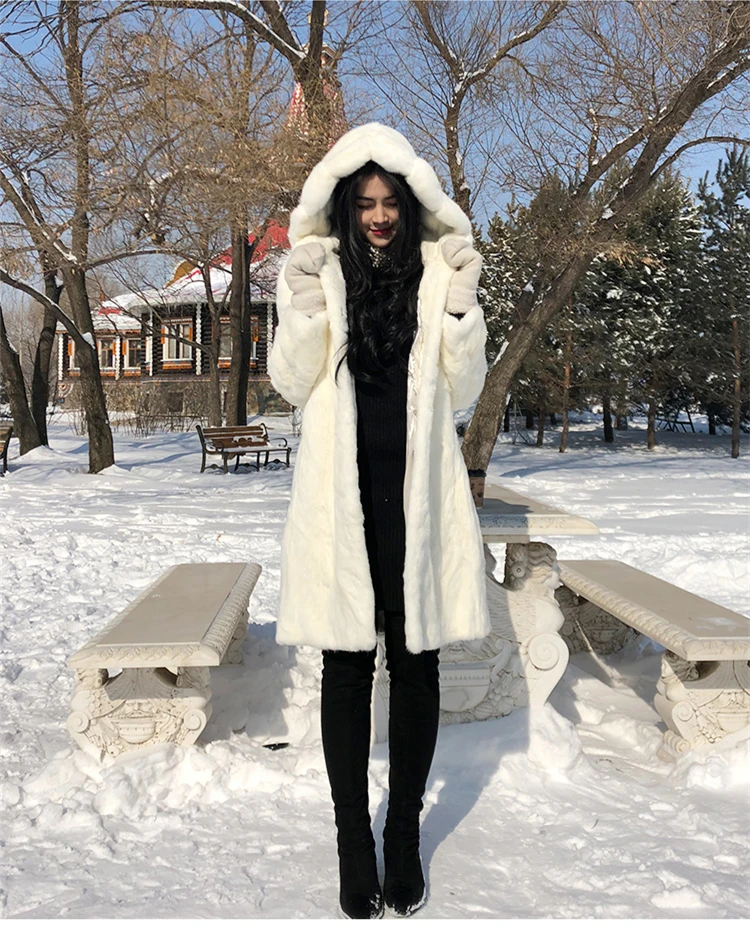 Норка весь мех Женская длинная юбка пальто с капюшоном зимняя Толстая теплая женская Норковая Меховая куртка
