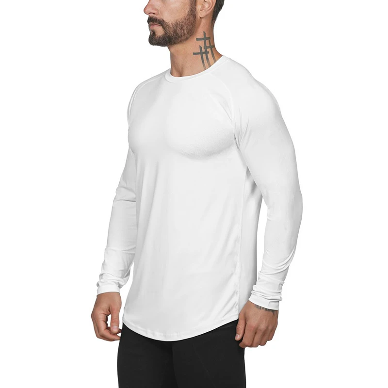 

New Mesh solid long sleeve t shirt men fashion brand clothing slim fit fitness High stretch o neck Bodybuilding t-shirt male