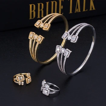 

BRIDE TALK Luxury Micro Paved Baguette Cubic Zirconia Adjustable Bangle Ring Sets Factory Wholesale Jewelry Ladies Bangles
