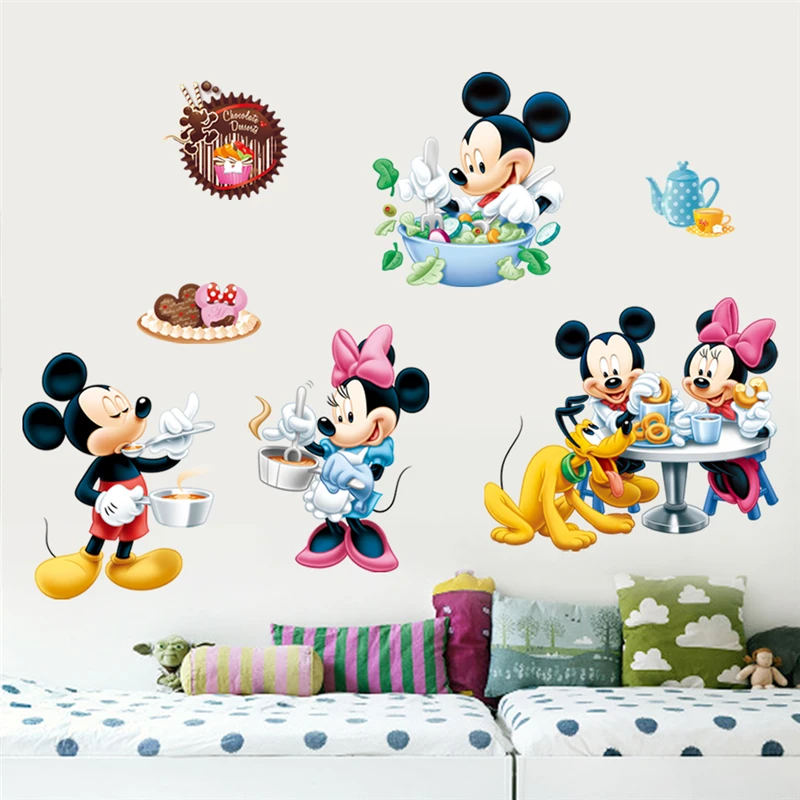 Disney Mickey Minnie Mouse Pluto Cooking Wall Stickers Home Decor Living Room Cartoon Wall Decals Pvc Mural Art Diy Posters