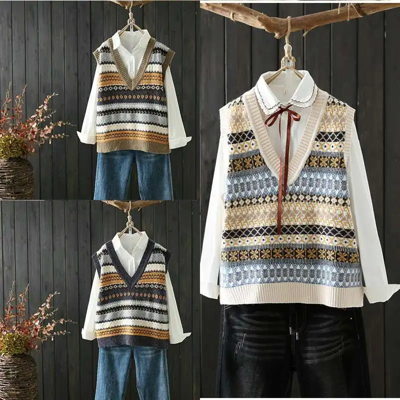 

Knit Vest Tank Top Waistcoat Sweater Women V-neck Striped Casual Sleeveless