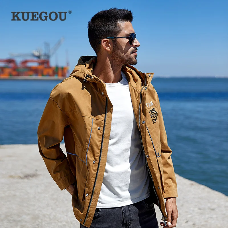 Мужская куртка с капюшоном KUEGOU осенняя уличная одежда надписью модное пальто