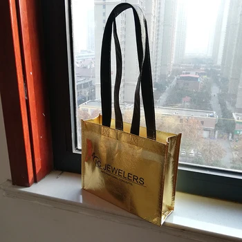 

500pcs/lot Custom Made Reusable Gold Laminated Shopping Bags with Logo PP Non woven Fabric for Exhibition Promotional Bags