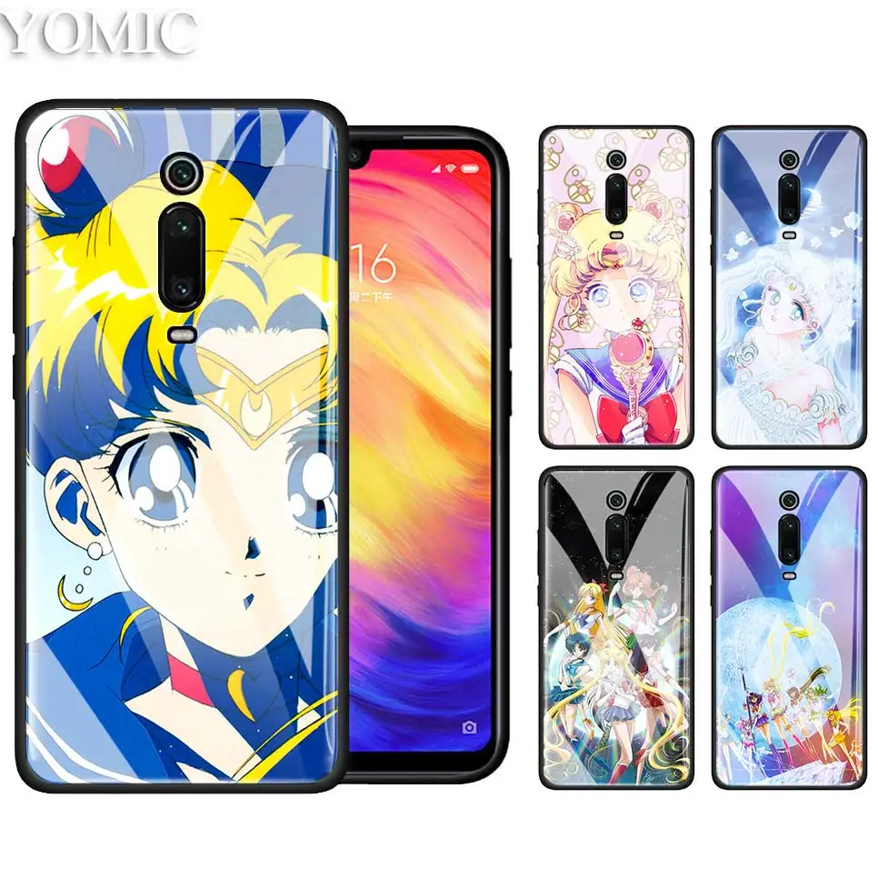 

Tempered Glass Case for Xiaomi Redmi 7 Note 7Pro 6 K20 Pro Mi CC9 CC9E A3 Lite Bolsa Phone Cover Coque Anime Sailor Moon Casos