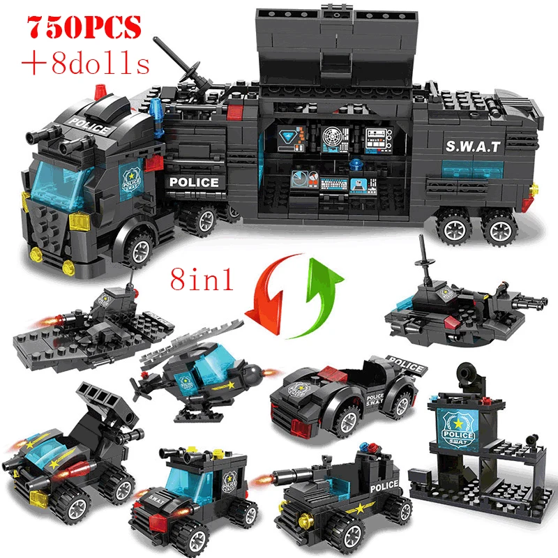 8 in 3 Police Station City SWAT Team Command Truck Car Building Blocks DIY Assembly Bricks Children Educational Toys Kids Gift | Игрушки и