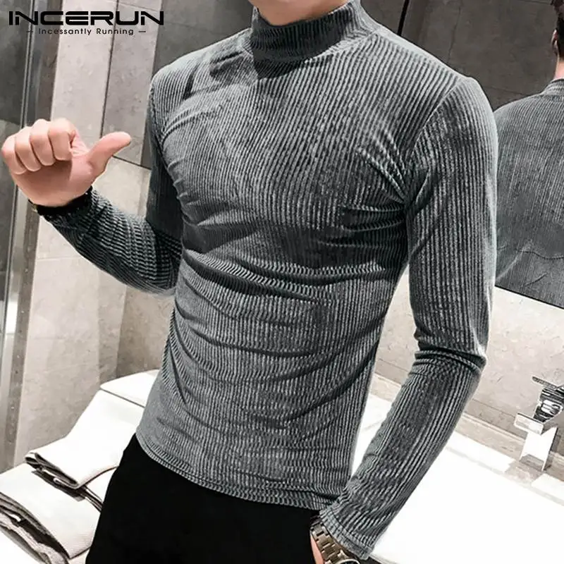 INCERUN Tops 2021 Men's Long Sleeve Tees Well Fitting Solid Striped T-Shirts All-match Simple Pullovers Bottoming Camiseta S-5XL | Мужская