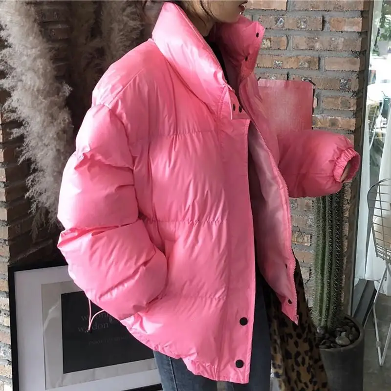 Зимние женские короткие куртки с хлопковой подкладкой, свободные яркие цвета, парки, пальто со стоячим воротником на молнии, теплые толстые куртки