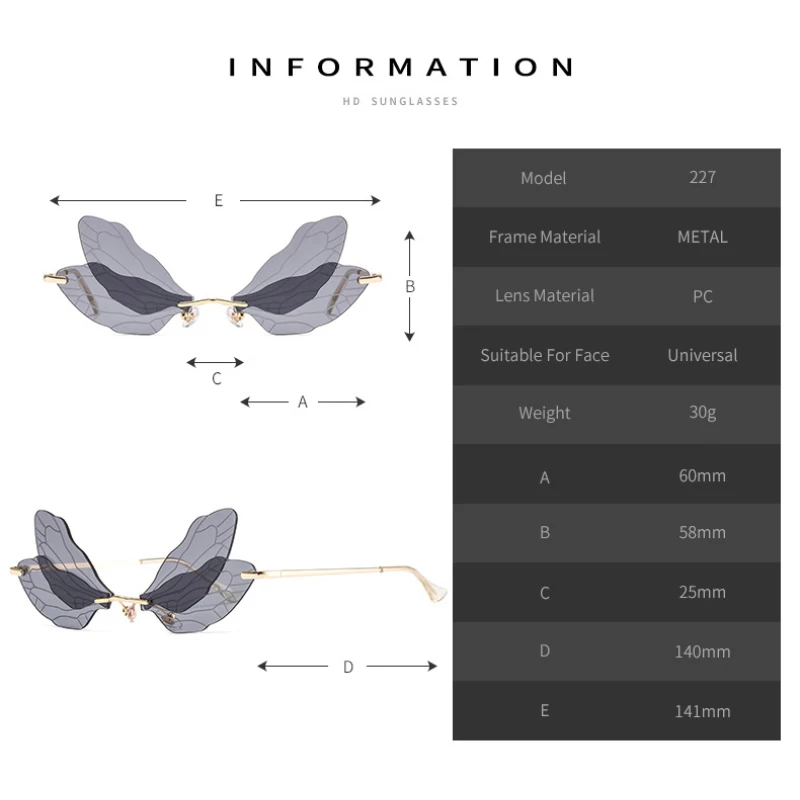 New Fashion Dragonfly Sunglasse Women Men Brand Design Rimless Clear Eyewear Luxury Trending Narrow Sun Glasses