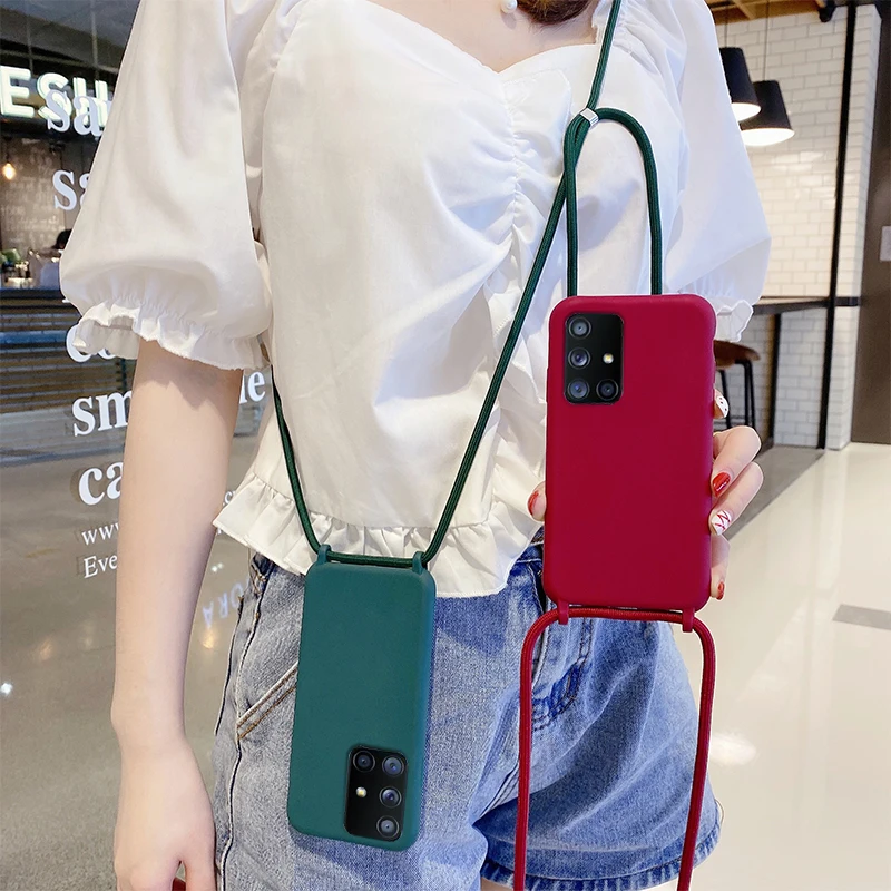 Solid Color Lanyard Strap Cord Rope Phone Case For Samsung A52 A72 A32 A12 5G A51 A71 A41 M60S M80S A81 A91 Soft Silicon_voghion.com