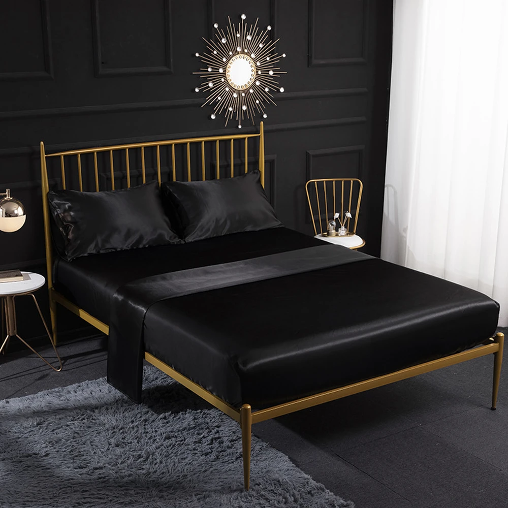

Imitated Silk Soft Bed Linens Flat Sheet+Fitted Sheet+Pillowcase Comfortable Bedding Cover Set Twin/Full/Queen/King Size Black