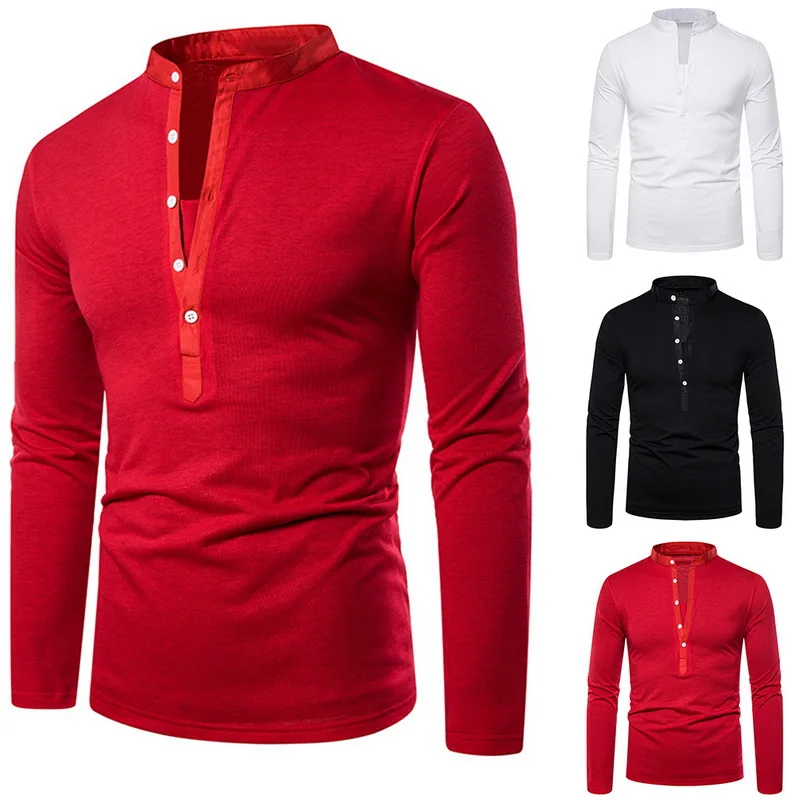 

2019 New Long-sleeve Polo Shirt BrandsV-Neck Silm color Casual Tee Collar Autumn tops Blouese High Quality tee Shirts Men