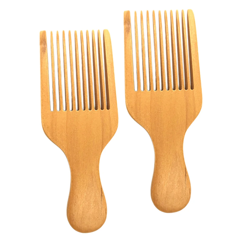 2 Pack of Hair/Beard Pick Comb – Natural Brown Color Wood Scalp Massage Comb With Portable Handle (Wide Tooth)