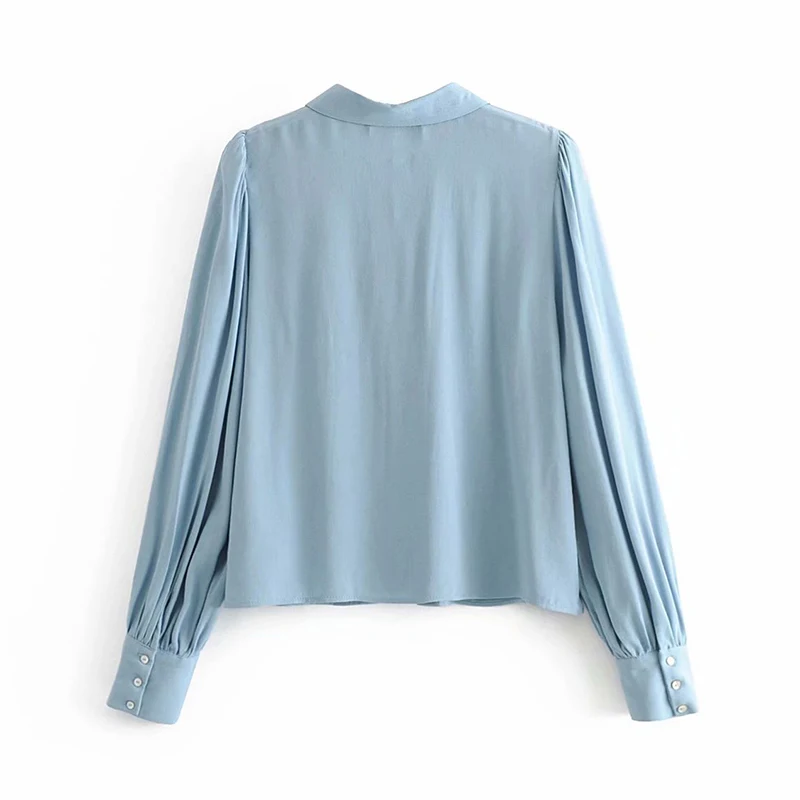 Women Elegant Casual Solid Blouses Long Sleeve Stylish Pleated Blue Blouse Ladies Office Turn Down Collar Shirt Tops