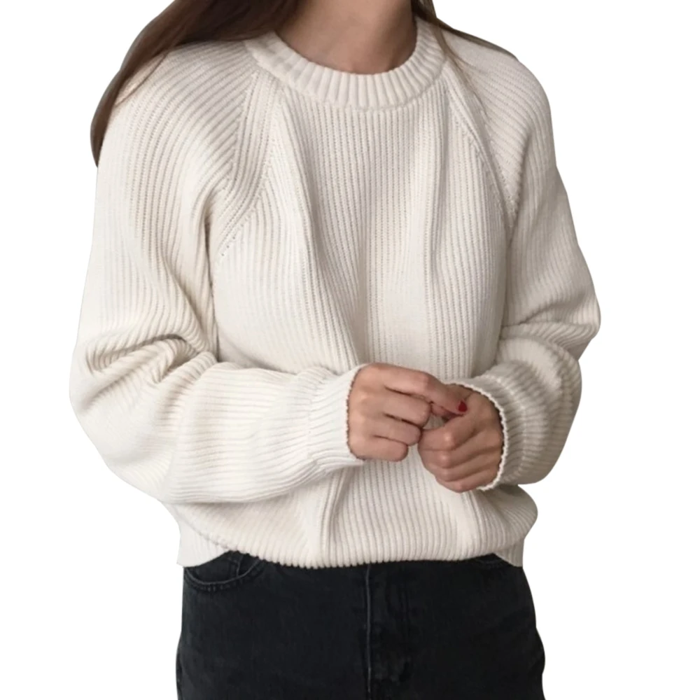 Корейский модный Женский вязаный свитер с длинным рукавом, однотонный пуловер с круглым вырезом и джемпер, свободный короткий женский свитер - Цвет: apricot
