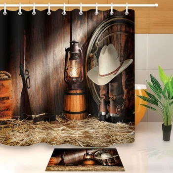 

Western Shower Curtain Rustic Barn Wooden Farmhouse West Cowboy Waterproof Fabric Bath Curtains Bathroom Decor Set with Hooks